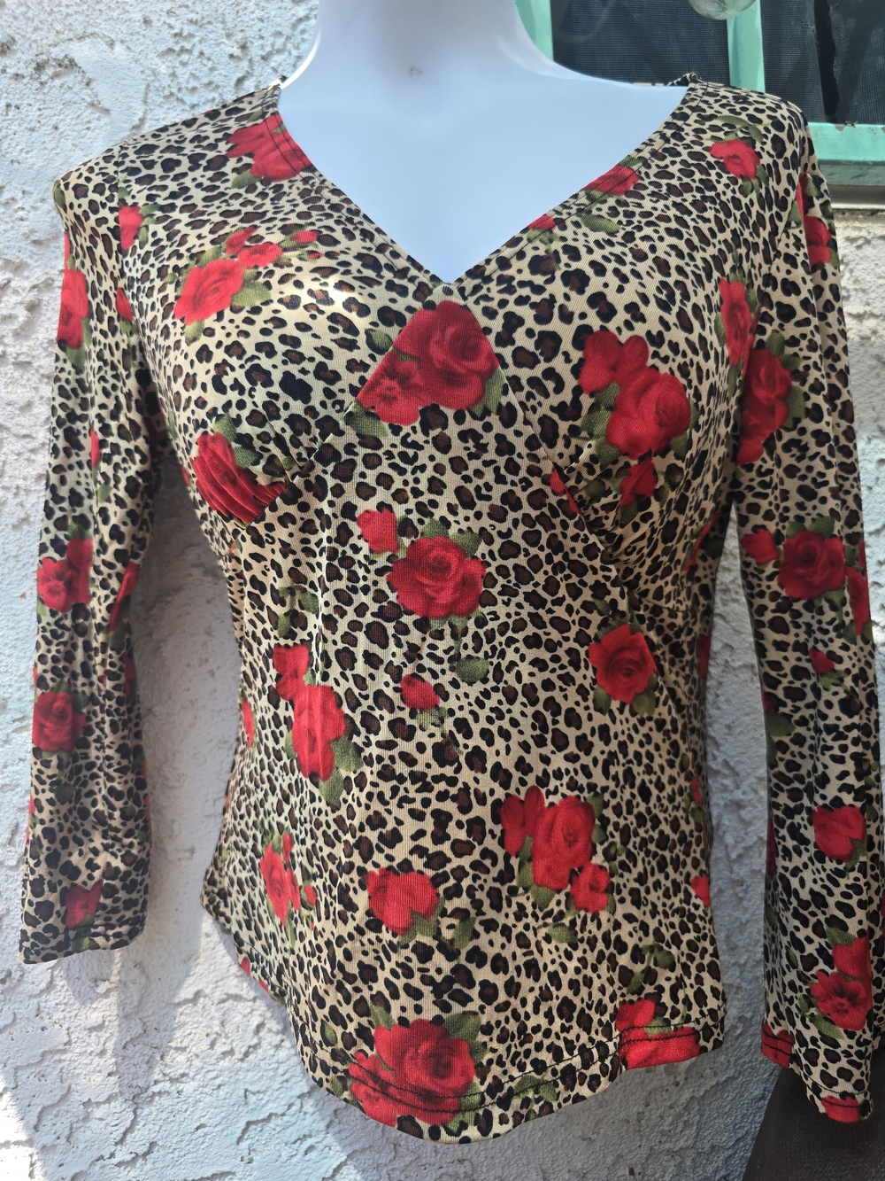 No Boundaries Red Rose & Leopard Print V-Neck Long Sleeve Top